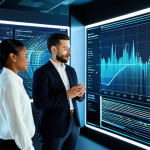 A diverse team of business professionals in modest business attire collaboratively interacting with a large, dynamic holographic data visualization in a sleek, futuristic office. The display shows abstract glowing charts, predictive analytics, and interconnected data streams, indicating strategic insights. The scene is well-lit, emphasizing innovation and technology. Fully clothed, appropriate attire, safe for work, perfect anatomy, correct proportions, natural pose, well-formed hands, proper finger count, natural body proportions, professional photography, high quality, high resolution, professional, family-friendly.