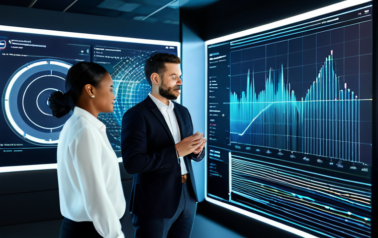 A diverse team of business professionals in modest business attire collaboratively interacting with a large, dynamic holographic data visualization in a sleek, futuristic office. The display shows abstract glowing charts, predictive analytics, and interconnected data streams, indicating strategic insights. The scene is well-lit, emphasizing innovation and technology. Fully clothed, appropriate attire, safe for work, perfect anatomy, correct proportions, natural pose, well-formed hands, proper finger count, natural body proportions, professional photography, high quality, high resolution, professional, family-friendly.