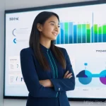 데이터 시각화에서의 대중성 증가 이유 - **Prompt:** A young professional, a woman in her late 20s, dressed in a smart business-casual outfit...