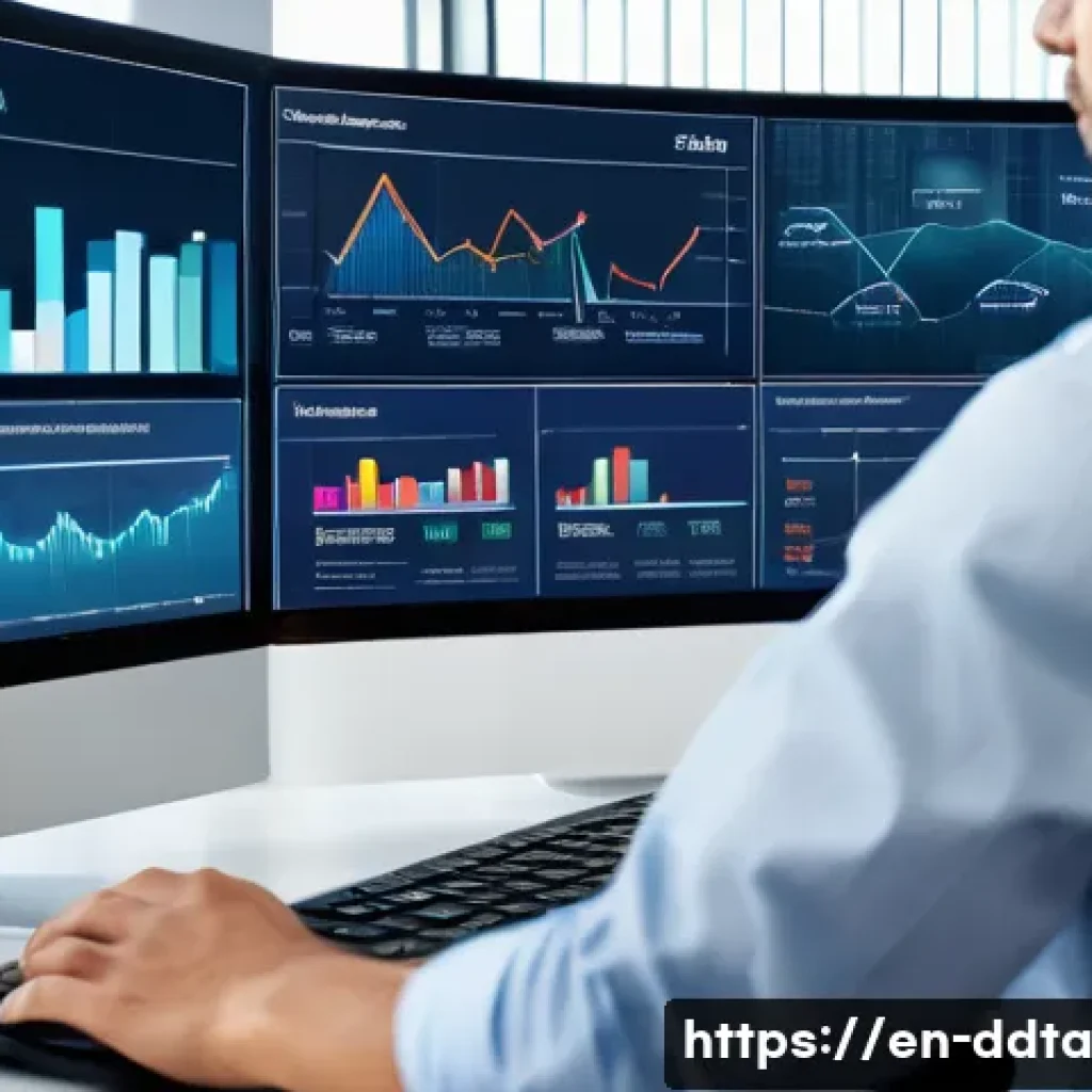 주요 데이터 시각화 도구와 특징 분석 - **Prompt:** A dynamic, visually stunning close-up of a business analyst, dressed in professional bus...