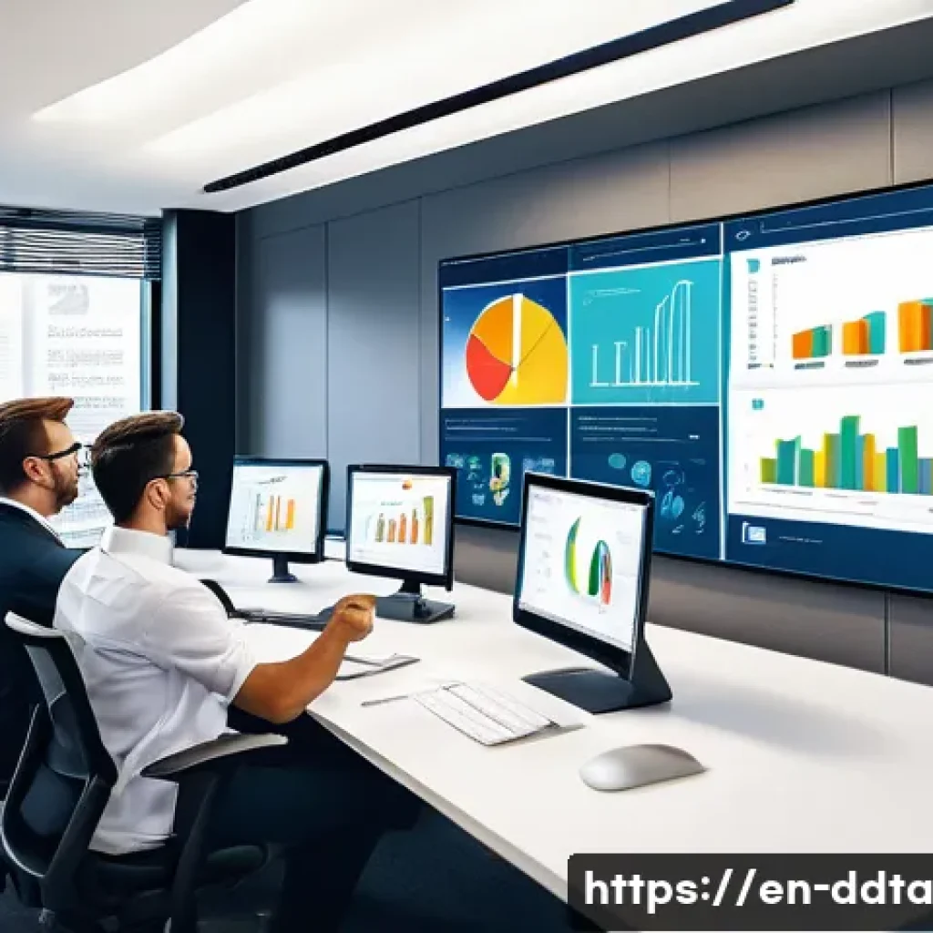 업무 효율성을 높이는 데이터 시각화 도구 - A modern office scene featuring a diverse team of professionals gathered around a large digital inte...