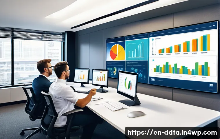 업무 효율성을 높이는 데이터 시각화 도구 - A modern office scene featuring a diverse team of professionals gathered around a large digital inte...