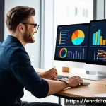온라인 교육을 통한 데이터 시각화 학습법 - A modern workspace scene featuring a young professional using Tableau Public on a sleek laptop, surr...