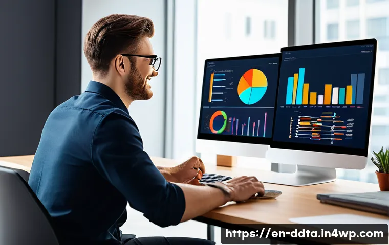 온라인 교육을 통한 데이터 시각화 학습법 - A modern workspace scene featuring a young professional using Tableau Public on a sleek laptop, surr...