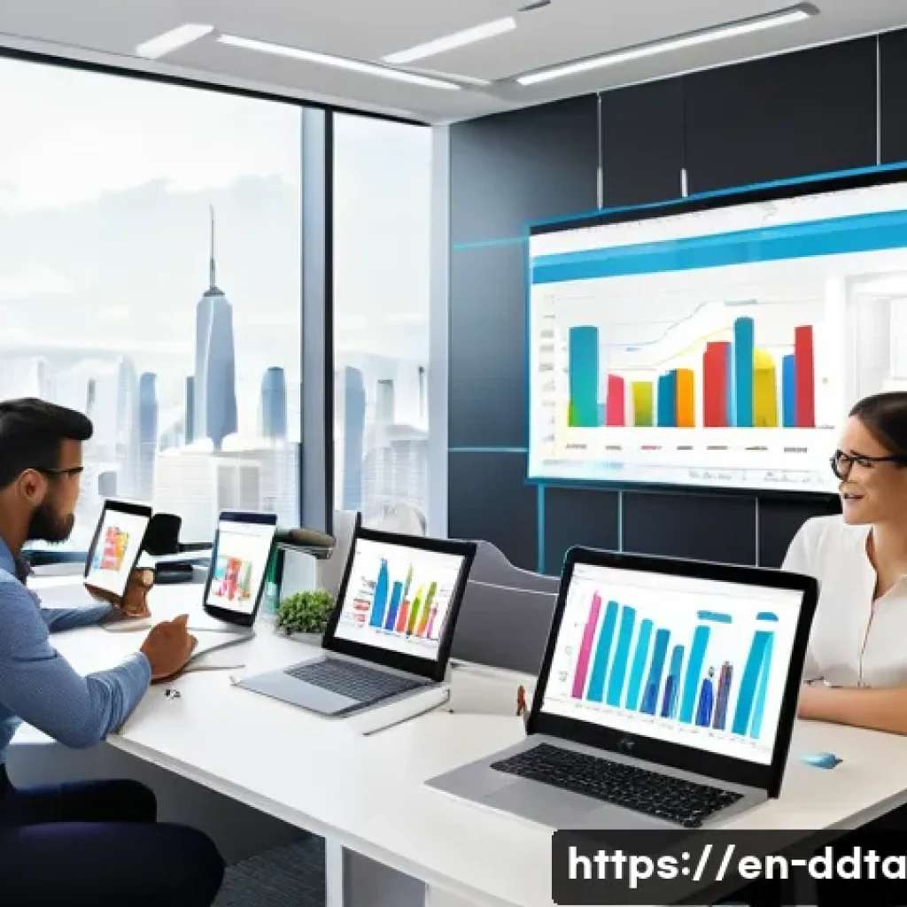 프로젝트에 적합한 데이터 시각화 도구 선택하기 - A modern office setting showing a diverse team of professionals collaborating around a large touchsc...