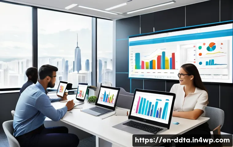 프로젝트에 적합한 데이터 시각화 도구 선택하기 - A modern office setting showing a diverse team of professionals collaborating around a large touchsc...