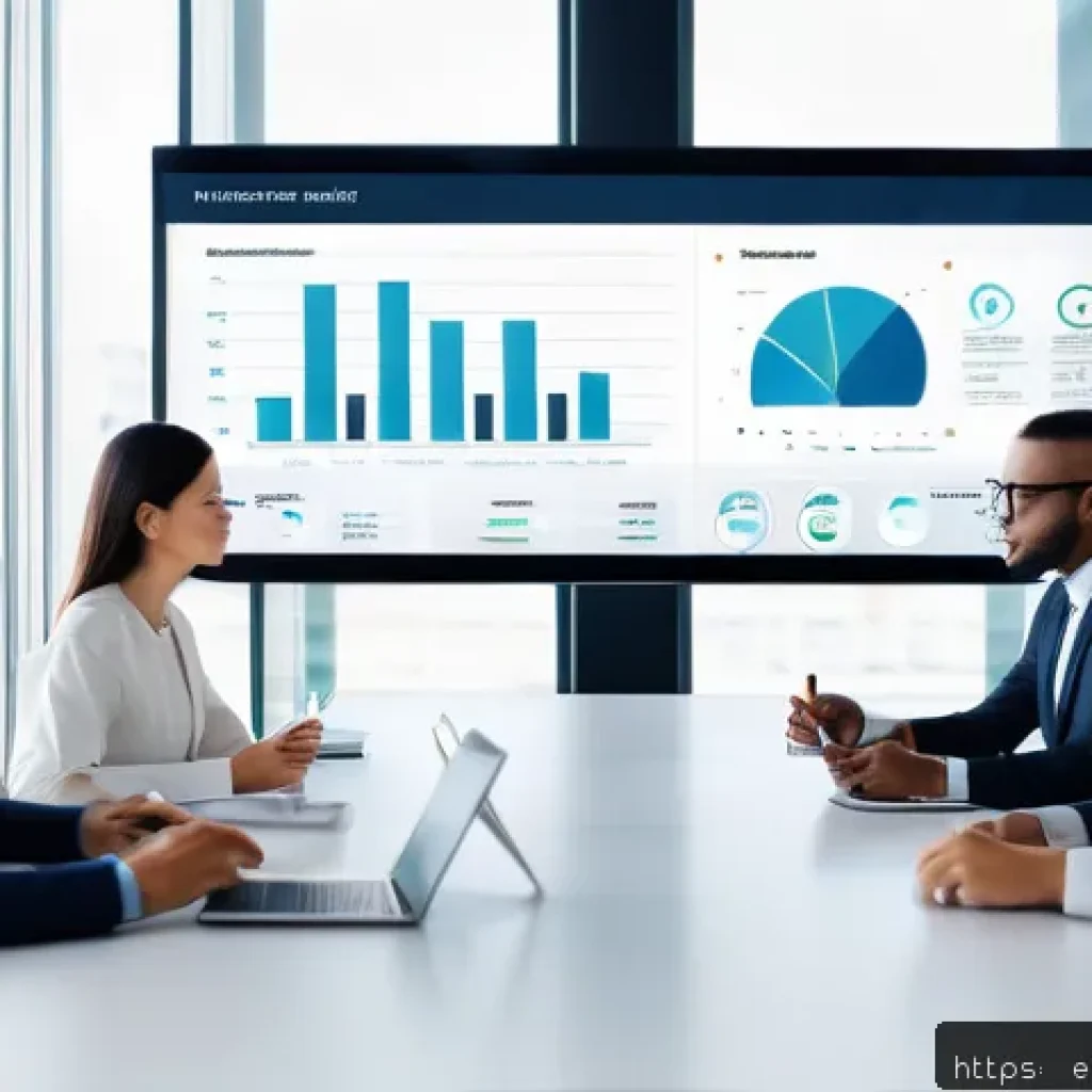 데이터 시각화 프로젝트 관리 방법 - A modern office environment showing a diverse team of professionals collaborating around a large dig...