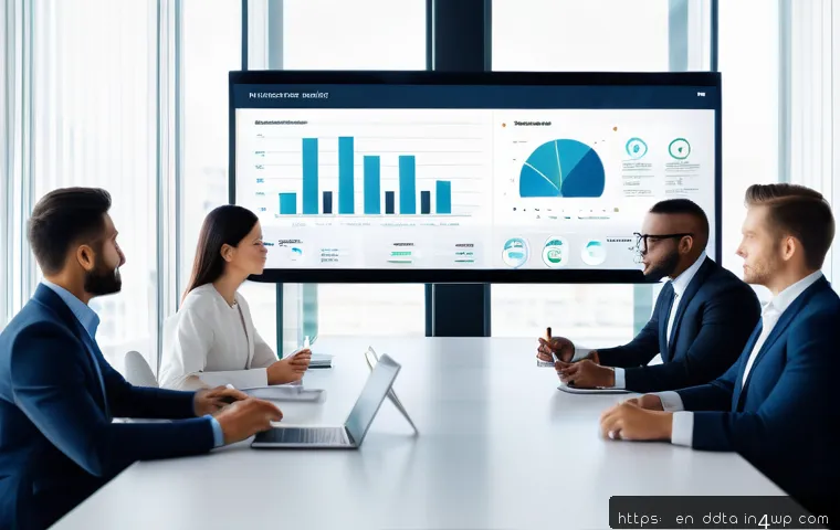 데이터 시각화 프로젝트 관리 방법 - A modern office environment showing a diverse team of professionals collaborating around a large dig...