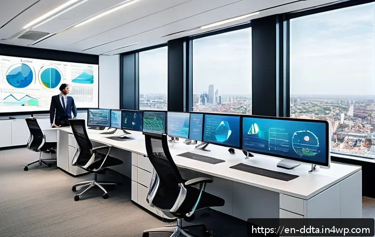 데이터 시각화 도구의 비교와 선택 가이드 - A modern office environment showing a diverse team of professionals collaborating around a large tou...