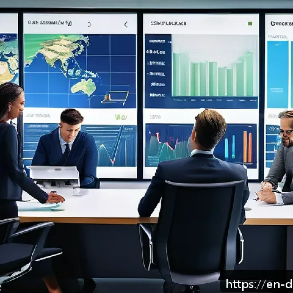 전문가가 추천하는 데이터 시각화 도구 - A modern office scene showing a diverse team of professionals collaborating around a large touchscre...