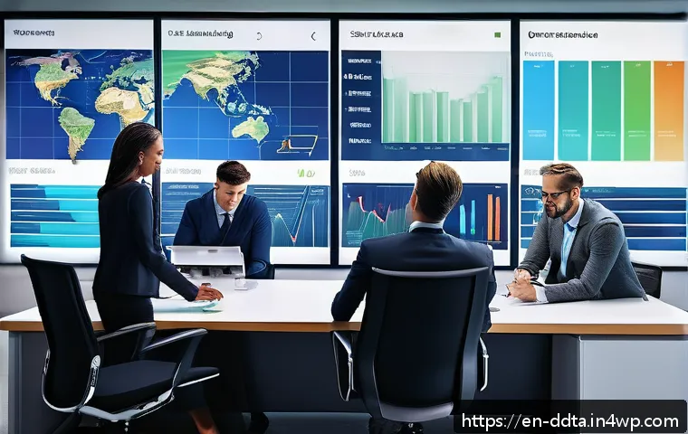 전문가가 추천하는 데이터 시각화 도구 - A modern office scene showing a diverse team of professionals collaborating around a large touchscre...