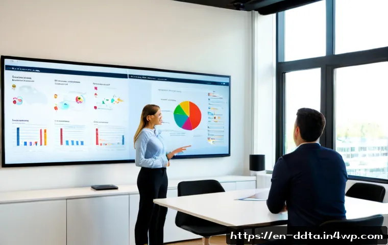 Home 17 사례 연구 성공적인 데이터 시각화 프로젝트 - Photorealistic case study scene in a bright modern American business office, diverse analytics team ...