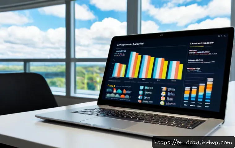 Home 17 데이터 시각화 도구와 클라우드 기술의 통합 - Photorealistic modern business analytics workspace, a diverse professional viewing a large clean das...